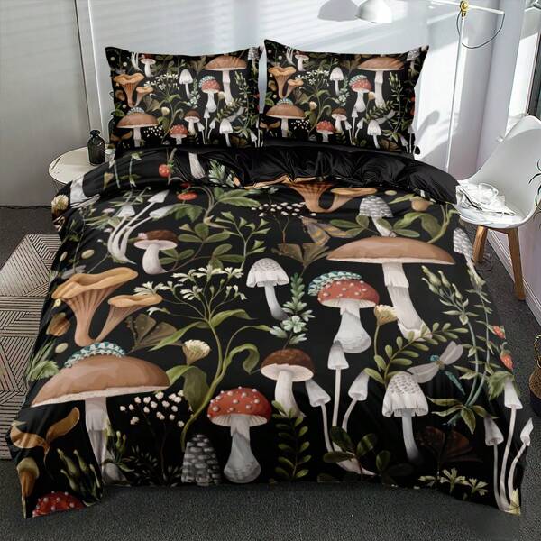 2/3 Peças Conjunto de Capa de Edredom com Estampa 3D de Cogumelo, Conjunto de Roupa de Cama com Estampa de Meninas, Tamanho King, para Conjunto de Cama de Meninos e Meninas (Tamanho 135x200 apenas 1 Fronha)