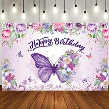 1入組生日快樂裝飾（43.3x70.8英寸），紫色蝴蝶生日快樂門廊標誌前廊裝飾，室內外女性花卉蝴蝶仙女橫幅有趣照相亭道具背景布，生日派對用品 - 紫色 - 查看 9