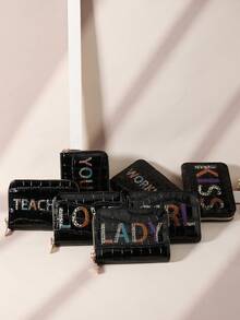 女孩、亲吻、女士、爱、漂亮、甜美、老师、工作、年轻、字母鳄鱼压纹翻盖宝石压纹、时尚印花拉链小钱包多卡位卡片收纳袋用于存储信用卡、轻便、多层便携式、身份证、钱信用卡极简主义、时尚、现代、商务、周年纪念、生日礼物、礼物、情侣、女士、女士、学校用品包、宿舍和返校 - 黑色 - 查看 10
