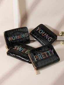 女孩、亲吻、女士、爱、漂亮、甜美、老师、工作、年轻、字母鳄鱼压纹翻盖宝石压纹、时尚印花拉链小钱包多卡位卡片收纳袋用于存储信用卡、轻便、多层便携式、身份证、钱信用卡极简主义、时尚、现代、商务、周年纪念、生日礼物、礼物、情侣、女士、女士、学校用品包、宿舍和返校 - 黑色 - 查看 7