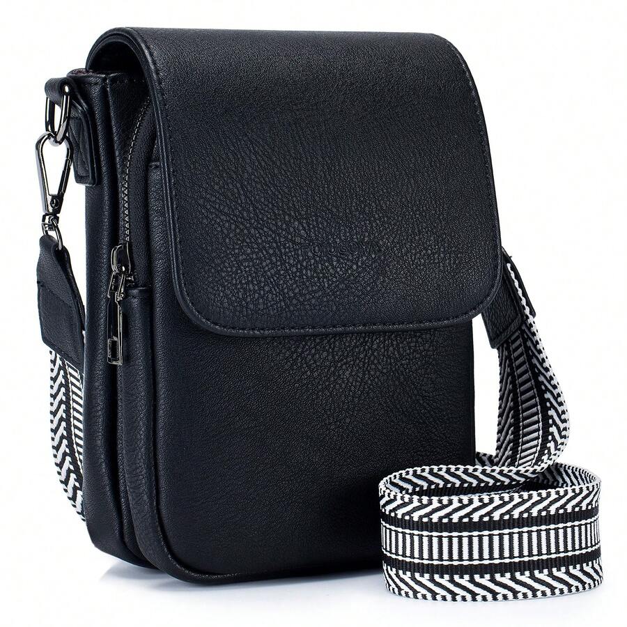 POIUGOYA Small Crossbody Bags For Women Trendy,Leather Triple Compartment Cell Phone Crossbody Wallet Purses With Card Slots - 黑色 - 查看 1