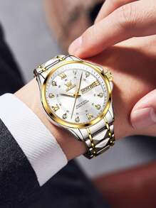 OLEVS. OLEVS Men's Waterproof Watches Stainless Steel Waterproof Chronograph Wrist Watches Luxury Dress White Luminous Big Face Analog Quartz Male Watches - 金白 - 查看 3