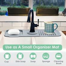 Sink Splash Guard Kitchen Gadgets - Silicone Faucet Handle Drip Catcher Tray Pad, Sink Protector For Kitchen Sink, Water Splash Guard Behind Faucet As Dishwashing Soap Sponge Holder For Kitchen Bathroom RV - Gray-sink Drain Mat - View 3