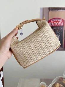 Túi xách mini đơn giản có nút khóa, Túi rơm dệt mới mùa hè, Túi tote, Túi đeo vai, Túi đeo chéo cho nữ, Vật dụng thiết yếu khi đi mua sắm và đi biển, Túi du lịch thời trang cho mùa hè - trắng - Xem 9