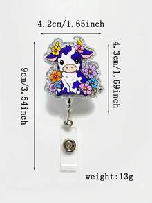 1入組動物奶牛花卉鑰匙扣縮卡勾，附帶粉撲和卡通烏龜及奶牛徽章，是學生禮物或教師、醫生、白領等日常配件的完美選擇。 - 彩色 - 查看 4