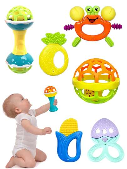7-Piece Infant Rattle Teether Toys Set, Cute Shape Newborn Gift, Soothe & Develop Intelligence, Festival Gift, Random Color