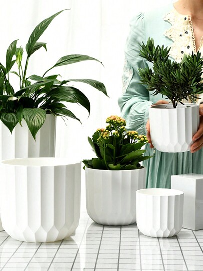 1pc Plastic Flower Pot With Thickened Indoor Desktop Vertical Stripe And Green Plant Nursery
