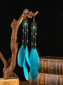 1pair Vintage Copper Chain Crystal Long Feather Dangle Earrings
