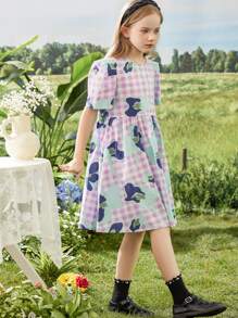1 pièce Robe casual imprimée avec manches plissées pour filles pré-adolescentes, été
