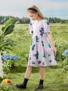 1 pièce Robe casual imprimée avec manches plissées pour filles pré-adolescentes, été