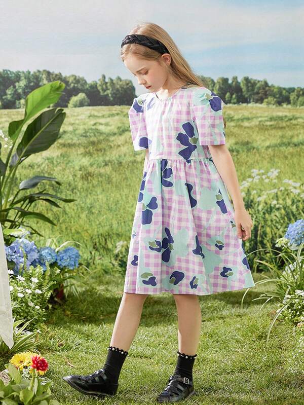 1 pièce Robe casual imprimée avec manches plissées pour filles pré-adolescentes, été