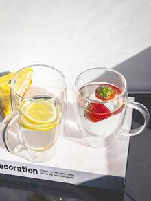 1pc Real Flower Double Layer Glass Cup, High-Quality Creative Home Coffee Mug With Handle, Gift - Clear - View 4