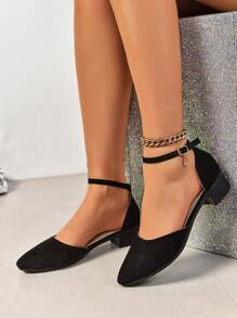 Zapatos de tacón alto sexy y hermosos para mujeres con punta y correa de hebilla, con tacón grueso y detalles de calado, adecuados para ir de compras y asistir a fiestas nocturnas, color negro