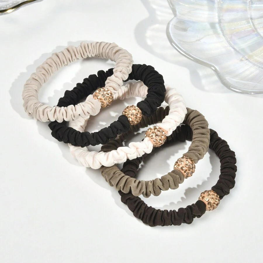 5件/50件/100件女士奶茶系列高弹力钻石装饰发圈，简约风格甜美发圈，母女老师礼物 - 咖啡棕 - 查看 1