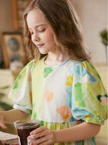 1 pièce Robe d'été pour filles avec imprimé coloré graffiti et manches bouffantes, stylée pour les enfants