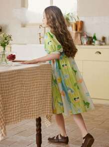 1 pièce Robe d'été pour filles avec imprimé coloré graffiti et manches bouffantes, stylée pour les enfants