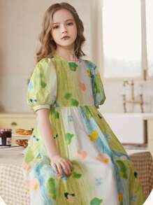 1 pièce Robe d'été pour filles avec imprimé coloré graffiti et manches bouffantes, stylée pour les enfants