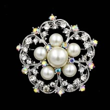 1 件银色透明水钻水晶和奶油色仿珍珠花朵胸针，适合派对 - 彩色 - 查看 10