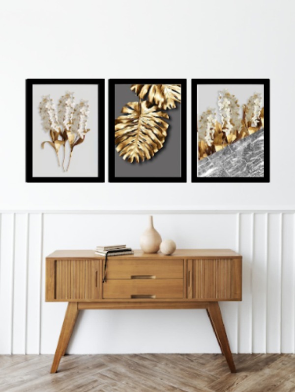 Kit de Quadros Decorativos - Golden Flowers - Conjunto de 3