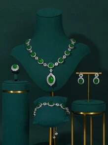 European And American Style Women's Green Zirconia 4-Piece Jewelry Set: Necklace, Earrings, Ring, Bracelet, Suitable For Arabian Brides, Middle East Formal Party Dress