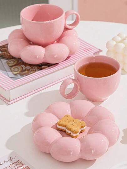 1 Set Nordic Ins Style Sunflower Ceramic Coffee Cup (1 Cup & 1 Saucer), Macaron Colors Dainty Afternoon Tea Cup & Saucer Set, Suitable For Dining Room, Family Gatherings