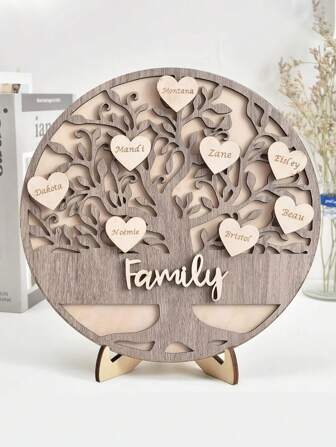 1Pc DIY Personalized Grandkids Wood Display Sign For Home Table Decor, DIY Names On Heart Family Tree Shape Desktop Sign, Anniversary Gift For Family,Mother'S Day Gift Gifts Birthday Graduation
