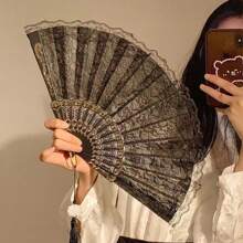 欧式复古蕾丝花边女扇，夏兰花扇，舞蹈、表演、摄影用，折扇最佳礼物 - 白色 - 查看 4