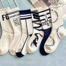 Sports Outdoor 5 Pairs/Set Men Mid-Calf Length Socks, Ins Style Sporty Basketball Socks With Anti-Odor & Breathable Features, Random Colors