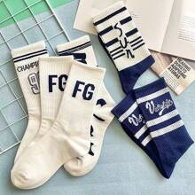 Sports Outdoor 5 Pairs/Set Men Mid-Calf Length Socks, Ins Style Sporty Basketball Socks With Anti-Odor & Breathable Features, Random Colors