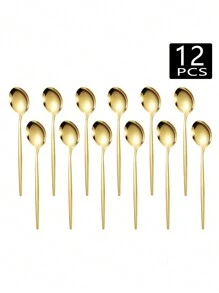 2/4/6/12/24件套不锈钢咖啡/甜点勺套装，适合居家下午茶、学校用品 - 金色 - 查看 7