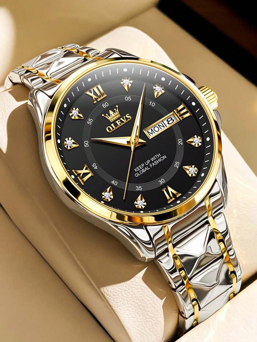 OLEVS. OLEVS Men's Waterproof Watches Stainless Steel Waterproof Chronograph Wrist Watches Luxury Dress White Luminous Big Face Analog Quartz Male Watches - 金黑 - 查看 1