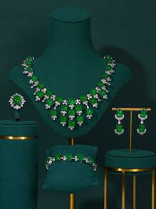 4 pièces Set de bijoux : Collier à pompons verts, boucles d'oreilles, bague et bracelet, ensemble de bijoux de mariage de mariée pour femmes
