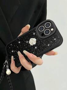 1 件纯黑色奢华闪亮山茶花手机壳和魅力闪亮珠子手腕挂绳，兼容 /Galaxy/Redmi 防水防震防摔防刮 - 黑色 - 查看 5