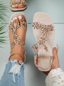 Sandalias de cristal con flores de moda y popular para mujeres, versátiles para ocasiones casuales, de ocio y fiesta - Oro rosa - Ver 1