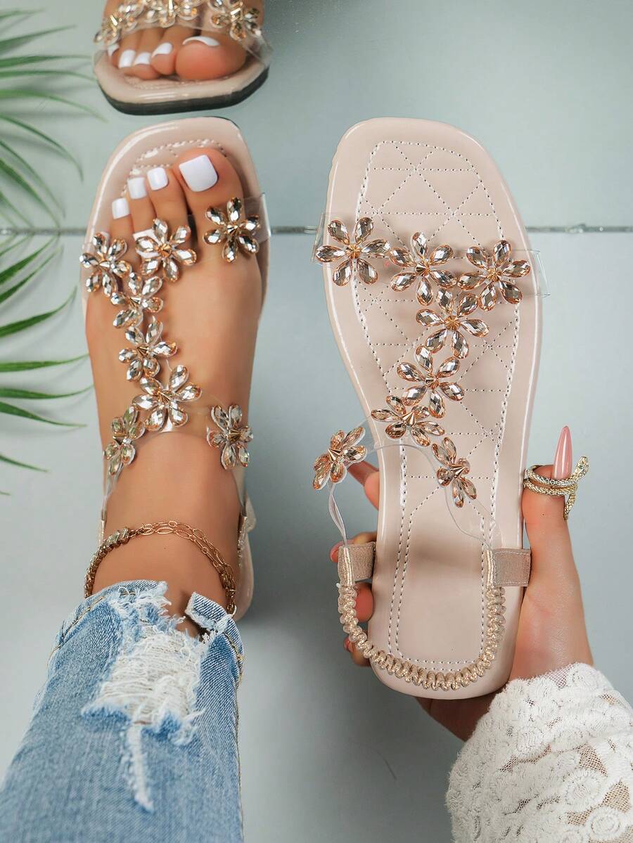 Sandalias de cristal con flores de moda y popular para mujeres, versátiles para ocasiones casuales, de ocio y fiesta - Oro rosa - Ver 1
