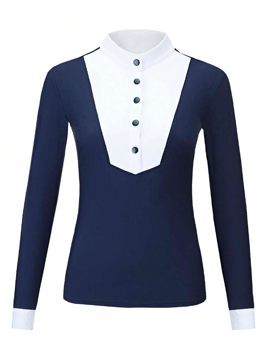 Equestrian T-Shirt Long Sleeve Summer Stretchy Slim-Fit Horse Riding Shirt Knitted Cool-Feel Equestrian Clothing, Spring/Summer Long Sleeve Knitted Polo Shirt With Stand Collar Equestrian Top Shirt