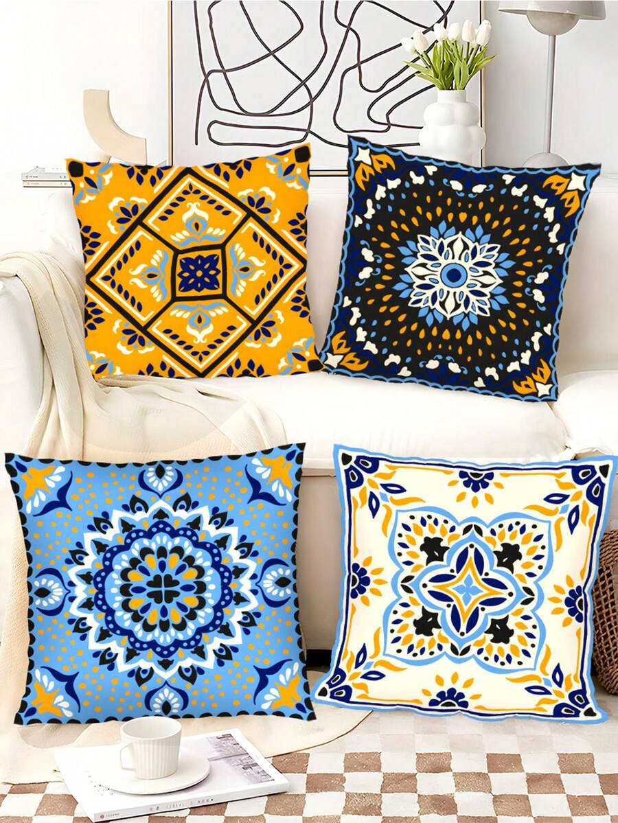 4pcs Velvet Mandala Pattern Pillowcases, Bohemian Style Pillow Covers