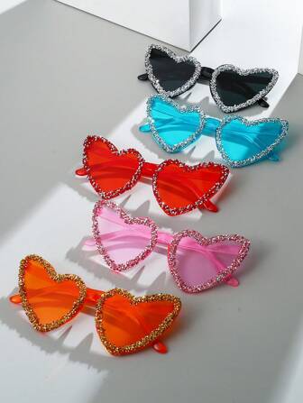 1 副 Y2K 复古一体式无框婚礼多巴胺心形水晶装饰时尚眼镜，手工制作闪亮差异化时尚眼镜，适合海滩派对、舞会、户外活动、音乐节，适合夏季海滩度假、户外、旅行