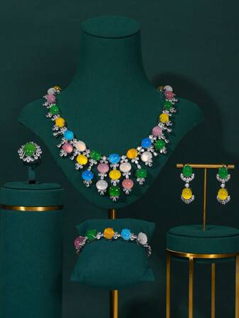 4件套奢华锆石水滴设计项链、手链、耳环、戒指首饰套装，色彩缤纷的新娘礼服配饰，情人节优雅礼物