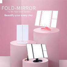 Desktop Tri-Fold LED Vanity Mirror With 22 Lights, USB Charging, 2X/3X Magnification, Ivory White - Pink - View 2