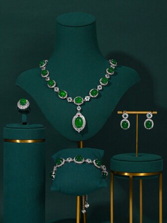 4 件绿色锆石首饰套装 - 项链、耳环、戒指、手链，适合中东新娘、婚礼、晚礼服