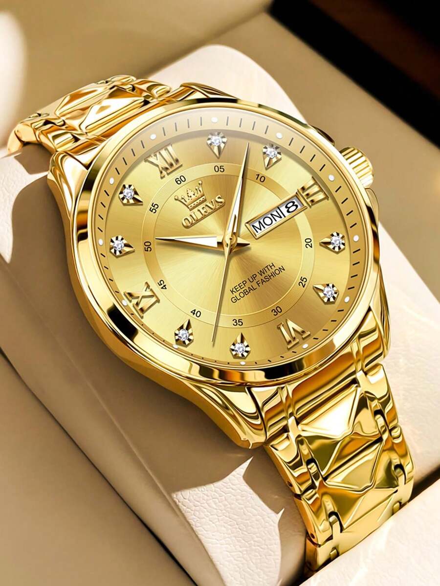 OLEVS. OLEVS Men's Waterproof Watches Stainless Steel Waterproof Chronograph Wrist Watches Luxury Dress White Luminous Big Face Analog Quartz Male Watches - Gold - View 1