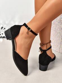 Zapatos de tacón alto sexy y hermosos para mujeres con punta y correa de hebilla, con tacón grueso y detalles de calado, adecuados para ir de compras y asistir a fiestas nocturnas, color negro