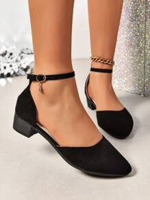 Zapatos de tacón alto sexy y hermosos para mujeres con punta y correa de hebilla, con tacón grueso y detalles de calado, adecuados para ir de compras y asistir a fiestas nocturnas, color negro