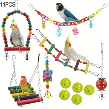 Ensemble de jouets pour oiseaux Ensemble de jouets à mâcher pour perroquets Balançoire Suspension Station Pont Jouet Combinaison Ensemble Jouets Accessoires de Cage pour Oiseaux en Bois Durables Perchoir pour Perroquets Jouet à Balançoire Oiseaux Perles colorées Fournitures pour Oiseaux Cloches Jouets Balançoires Suspendues pour Cage