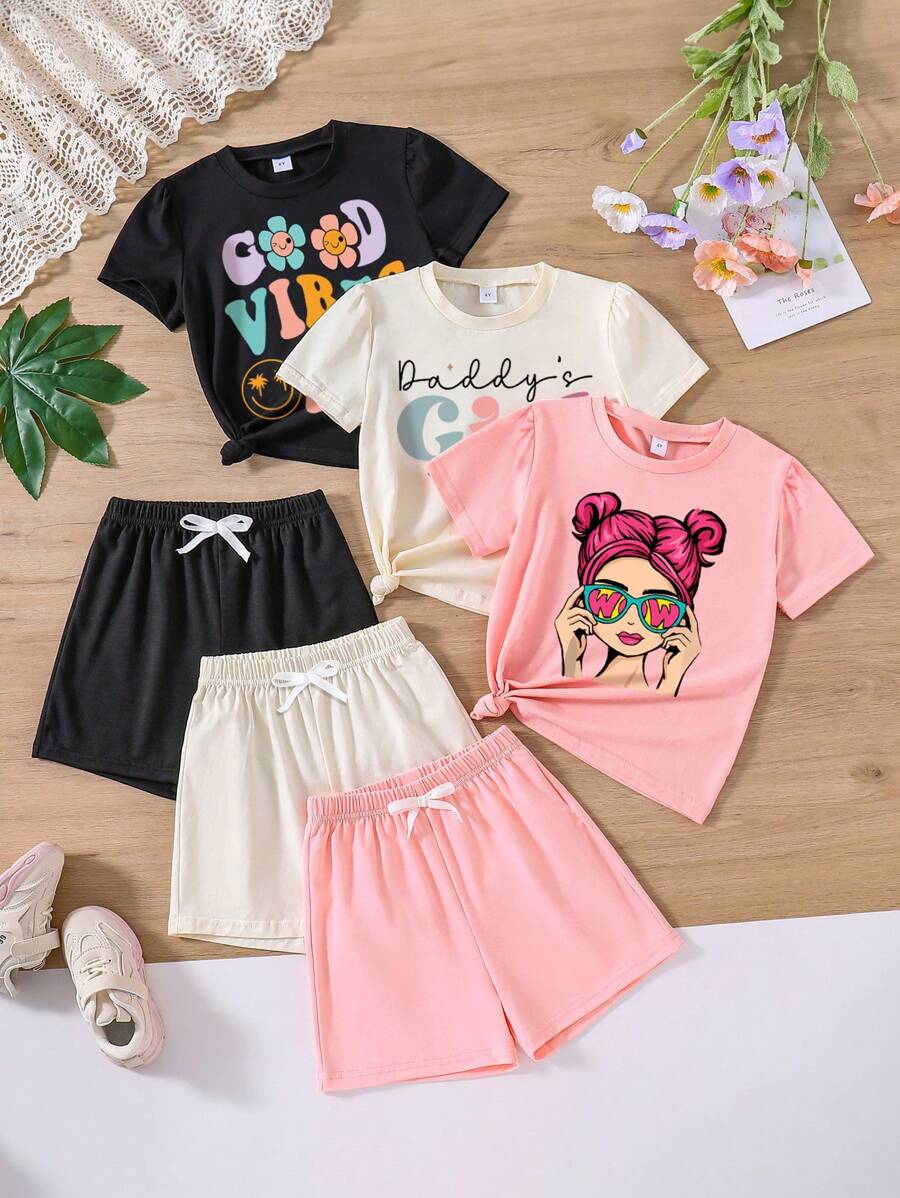 3pcs/Set Young Girl Cartoon Letter Graphic Short Sleeve T-Shirt And Shorts Casual Summer Outfit - 彩色 - 查看 1