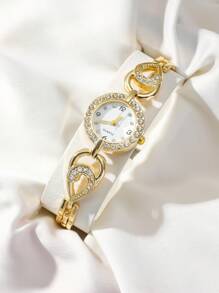 1pc Elegant And Luxurious Gold-Color Women's Alloy Quartz Watch With Rhinestone And Bracelet, Suitable For Daily Wear As A Gift For Students Returning To School