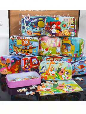 1 Pc Iron Box Puzzle 60 Pieces Of Children's Early Education Cartoon Cartoon Animals Wooden Puzzle Plane Puzzle Toys, Focus Exercise,Puzzle,Jigsaw Puzzle,Puzzles
