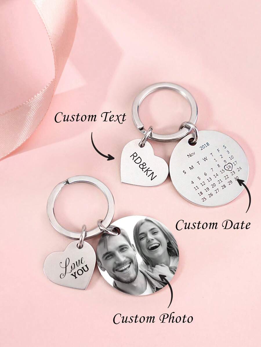 1pc Custom Photo Calendar Keychain, Personalized Stainless Steel Engraved Date Keychain, Memorial Gift For Couples, Mom And Dad - White Calendar + White Photo - View 1