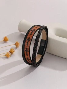 Pulsera de estilo punk de PU trenzado con patrón de cruz, adecuada para que los hombres la usen a diario y como regalo para festivales - cruz - Ver 14